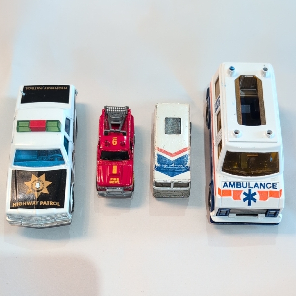 Emergency Vehicle Toy Car Set, Police, Ambulance, Fire, Bus Vintage 1980s